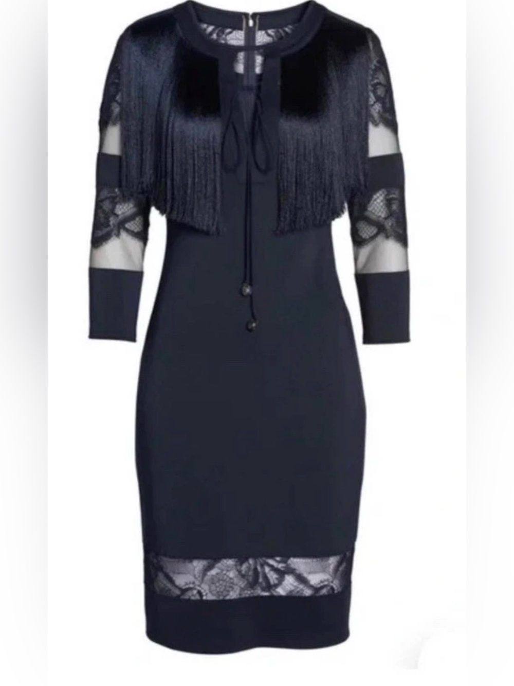 Tadashi Shoji Black Lace-Trim Midi Dress with Fringe